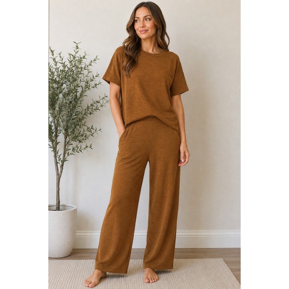 Zenana Other - Zenana Women Caramel Brown Textured Knit Lounge Set Top & Wide Leg Pants